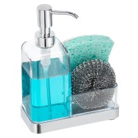 Mdesign Plastic Kitchen Sink Countertop Hand Soap Dispenser Pump Bottle Caddy Organizer Holder With Storage For Bathroom - Holds Dish Sponge And Brushes - Omni Collection - Clearchrome