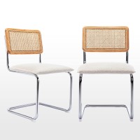 Zesthouse Mid Century Modern Dining Chairs Set Of 2, Upholstered Boucle Kitchen Chairs, Famous Breuer Designed Chairs, Armless Accent Chairs With Natural Cane Back & Stainless Chrome Base