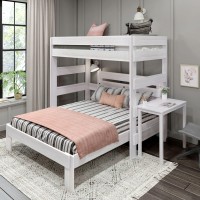 Max & Lily Modern Farmhouse Bunk Bed, L Shape Twin-Over-Queen Bed Frame For Kids With Desk, White Wash