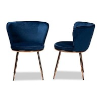 Baxton Studio Farah Modern Luxe And Glam Navy Blue Velvet Fabric Upholstered And Rose Gold Finished Metal 2-Piece Dining Chair Set