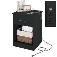 Reettic Nightstand With Charging Station And Usb Ports & Power Outlets, Wooden End Table With Drawer And Opening Shelf, Side Table For Bedroom, Black Rctg101Be