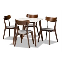 Baxton Studio Reba Mid-Century Modern Light Grey Fabric Upholstered And Walnut Brown Finished Wood 5-Piece Dining Set With Faux Marble Dining Table