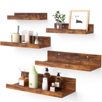 Upsimples Home Floating Shelves For Wall Decor Storage, Wall Shelves Set Of 5, Wall Mounted Wood Shelves For Bedroom, Living Room, Bathroom, Kitchen, Small Picture Ledge Shelves, Brown