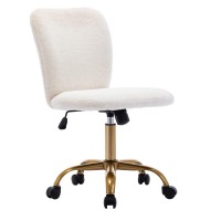 Duhome Faux Fur Home Office Desk Chair, Modern Fluffy Fuzzy Vanity Chair With Wheels Golden Base Height Adjustable Swivel Task Chair For Girls Women, White & Faux Fur