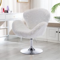 Duomay Faux Fur White Swivel Makeup Vanity Chair Stool With Chrome Base, Upholstery Adjustable Barrel Accent Chair Flared Leisure Lounge Chair Desk Chair No Wheels For Living Room Office