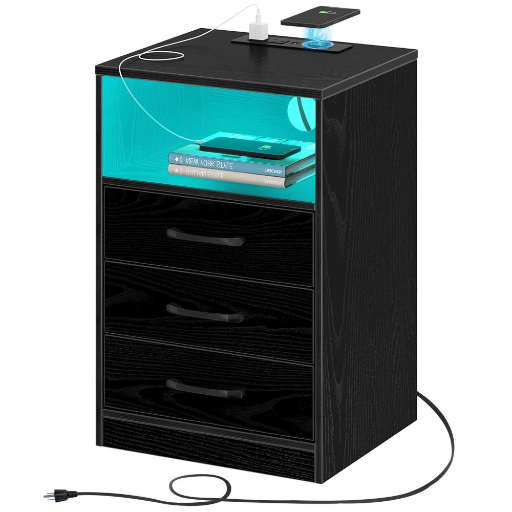 Seventable Nightstand With Wireless Charging Station And Led Lights, Modern End Side Table With 3 Drawers And Open Compartment For Bedroom, Black