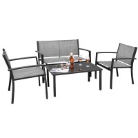Flamaker 4 Pieces Patio Furniture Outdoor Furniture Outdoor Patio Furniture Set Textilene Bistro Set Modern Conversation Set Black Bistro Set With Loveseat Tea Table For Home, Lawn And Balcony (Grey)