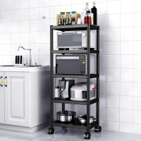 Wpt 5 Tier Kitchen Baker'S Rack Utility Storage Shelf Microwave Stand Cart On Wheels, Adjustable Feet Kitchen Organizer Rack, Black