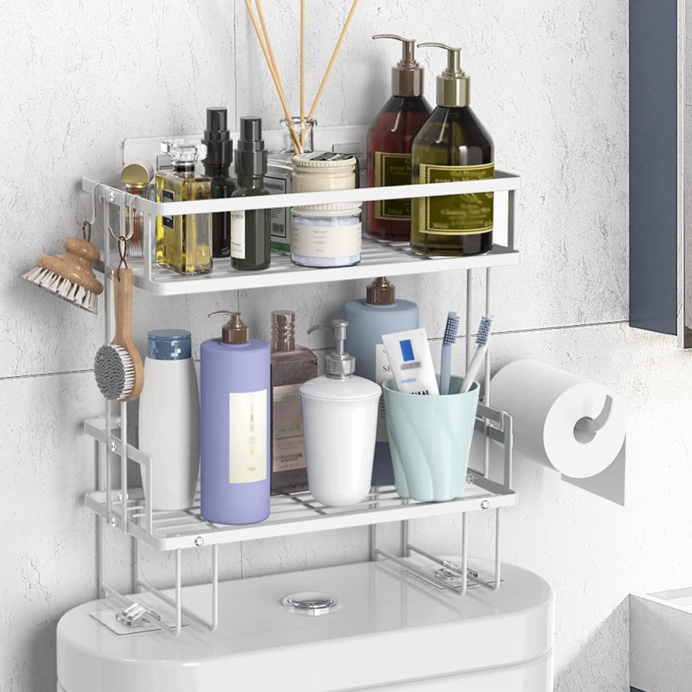 Flolxnb Over The Toilet Storage Shelf, 2-Tier Bathroom Storage Organizer Upgrade Punch-Free Toliet Storage Shelf, Home Storage Rack With Hooks Shelf,White