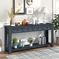 Solid Wood Console Table, 64.2 Long Classic Accent Table, Retro Entryway Sofa Table With 4 Storage Drawers And Bottom Shelf, Rustic Chic Sofa Table For Living Room Entryway Hallway (Navy-1)