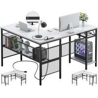 Unikito L Shaped Desk With Usb Charging Port And Power Outlet, Reversible Corner Computer Desk With Storage Shelves, Industrial 2 Person Modern Gaming Table For Home Office, White