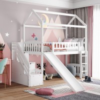 Octm Loft Bed With Slide, House Loft Beds Twin Size With Step Storage Drawers Stairway Playhouse Bed For Kids Toddlers Girlsboys (White)