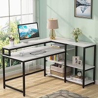 Tribesigns 55 Inch Reversible L Shaped Computer Desk With Storage Shelf, Modern White Corner Desk With Shelves And Monitor Stand, Study Writing Table For Home Office (White Faux Marble)