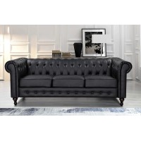 Us Pride Furniture Teressa Faux Leather Chesterfield Sofa For Living Room, Apartment Or Office, Three Seater Mid Century Modern Couch, 82 W, Black