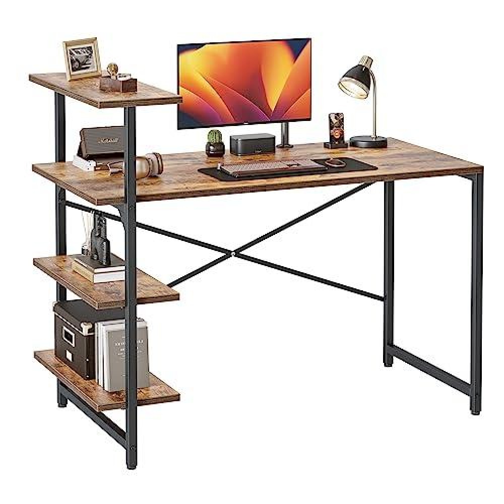 Cubicubi Small Computer Desk With Shelves 40 Inch, Home Office Desk, Study Writing Office Table, 3 Tier Shelf, Rustic Brown