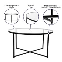 Greenwich Collection Coffee Table - Modern Clear Glass Accent Table With Crisscross Matte Black Frame