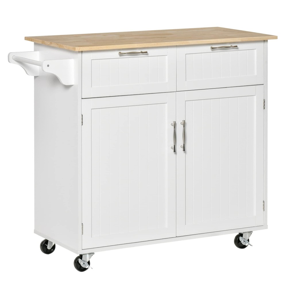 Homcom 41 Modern Rolling Kitchen Island On Wheels, Utility Cart Storage Trolley With Rubberwood Top & Drawers, White