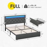 Rolanstar Full Size Bed Frame With Led Lights And Usb Ports, Upholstered Bed With Adjustable Headboard And 4 Storage Drawers, No Box Spring Needed, Easy Assembly, Dark Grey