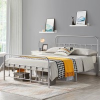 Topeakmart Queen Size Victorian Style Metal Bed Frame With Headboard/Mattress Foundation/No Box Spring Needed/Under Bed Storage/Strong Slat Support Silver