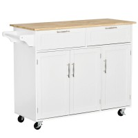 Homcom 48 Modern Kitchen Island Cart On Wheels With Storage Drawers, Rolling Utility Cart With Adjustable Shelves, Cabinets And Towel Rack, White