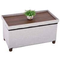 Ao Lei 30 Inches Storage Ottoman Bench With Wooden Legs For Living Room, Folding Foot Rest Removeable Lid For Bedroom End Of Bed, Linen Fabric, White