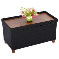 Ao Lei 30 Inches Storage Ottoman Bench, Storage Bench With Wooden Legs For Living Room Ottoman Foot Rest Removeable Lid For Bedroom End Of Bed, Linen Fabric, Folding Black Ottoman