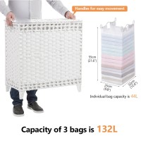 Laundry Hamper With 3 Removable Liner Bags; 132L Handwoven Rattan Laundry Basket With Lid & Heightened Feet; Clothes Hamper With Side Handles; Laundry Sorter With 3 Separate Sections (White)