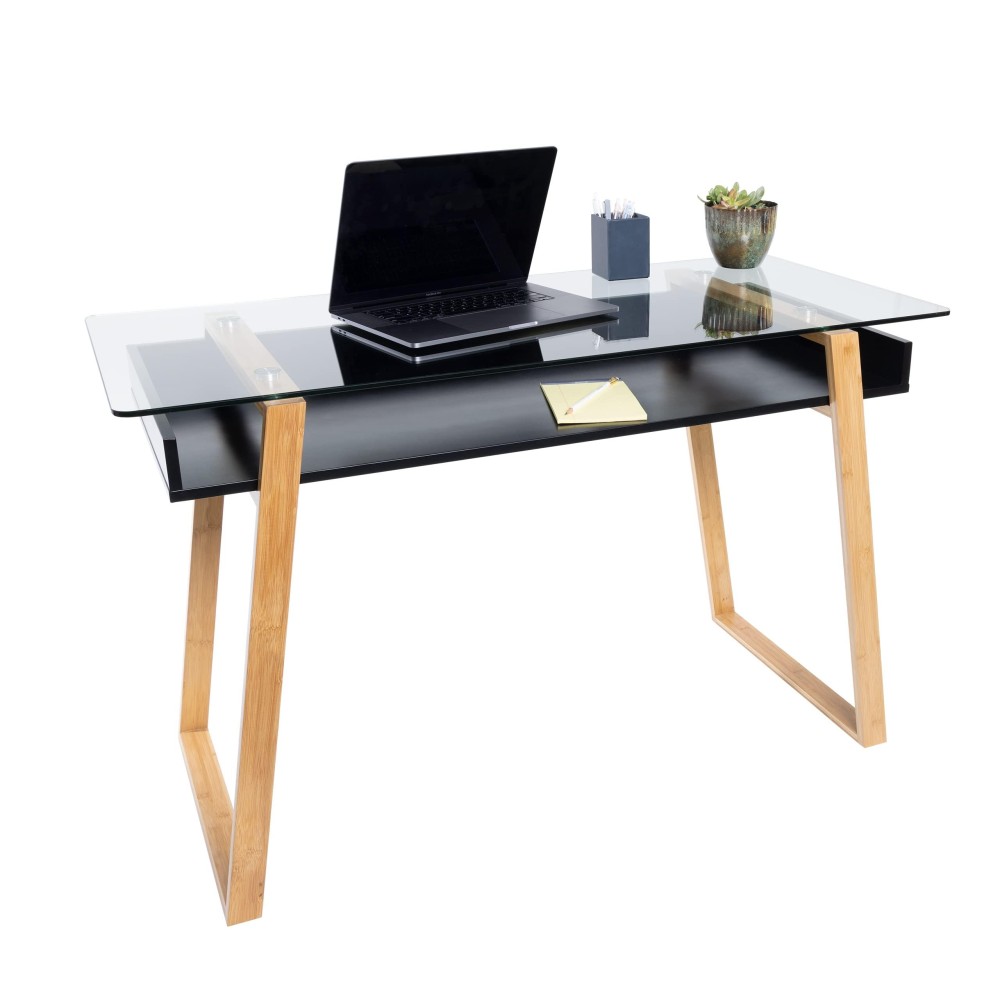 Bonvivo Massimo Small Desk - 47 Inch, Modern Computer Desk For Small Spaces, Living Room, Office And Bedroom - Study Table W/Glass Top And Shelf Space - Black