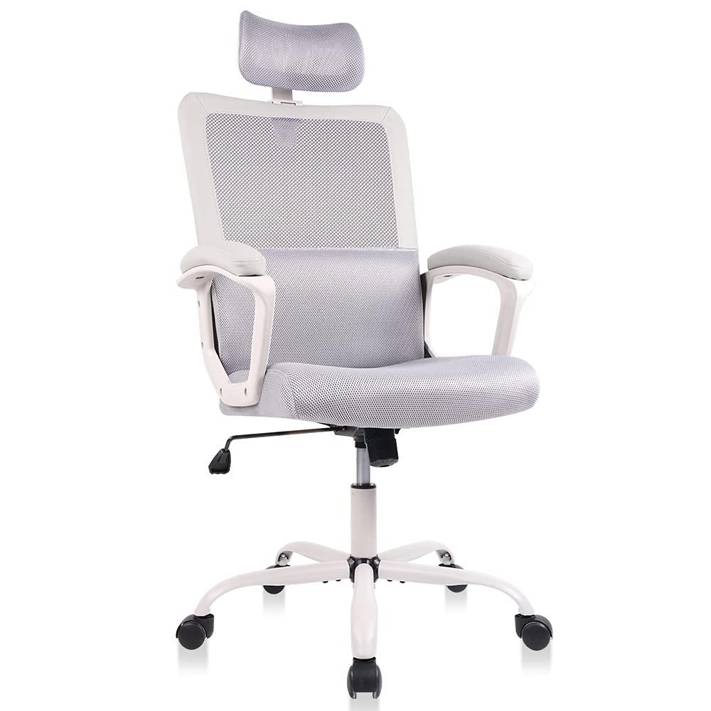 Office Chair, Ergonomic Mesh Computer Desk Chair, High Back Swivel Task Executive Chair Padding Armrests With Adjustable Rotatable Headrest Lumbar Support (Light Gray, No Hanger)