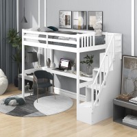 Klmm Twin Size Solid Wood Loft Bed With Staircase And Built-In Desk/Safety Guard Rail/Storage Drawers, No Box Spring Needed (White + Pine!)