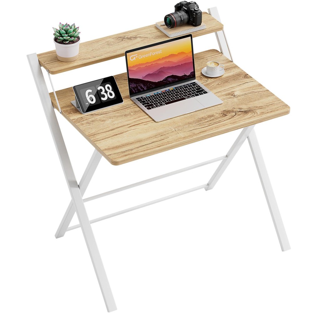 Greenforest Folding Desk No Assembly Required Fully Unfold 32 X 24.5 Inch, 2-Tier Small Computer Desk With Shelf Space Saving Laptop Study Foldable Table For Small Spaces, Oak