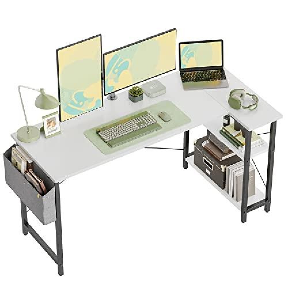 Cubicubi 55 Inch Small L Shaped Computer Desk With Storage Shelves Home Office Corner Desk Study Writing Table, White