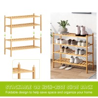 Bmosu 4-Tier Bamboo Shoe Rack Premium Stackable Shoe Shelf Storage Organizer For Hallway Closet Living Room Entryway Organizer (Natural Bamboo)