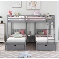 Full Over Twin & Twin Triple Bunk Bed With Drawers And Table, Wooden Bed Frame With Ladder And Guardrails, For Bedroom Furniture, Can Be Divided Into 3 Individual Beds (Gray + Drawers)