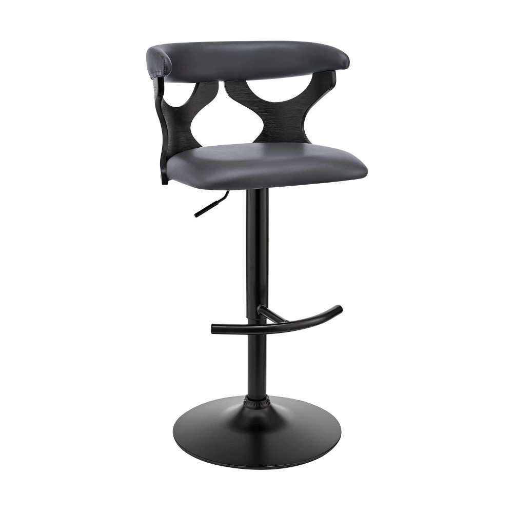 Armen Living Ruth Adjustable Height Swivel Grey Faux Leather And Black Wood Bar Stool With Black Base