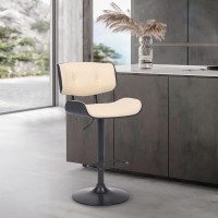 Armen Living Brooklyn Adjustable Height Swivel Cream Faux Leather And Black Wood Bar Stool With Black Base