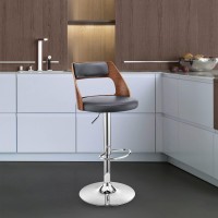 Armen Living Itzan Adjustable Height Swivel Grey Faux Leather And Walnut Wood Bar Stool With Chrome Base