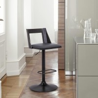 Armen Living Milan Adjustable Height Swivel Grey Faux Leather And Black Wood Bar Stool With Black Base
