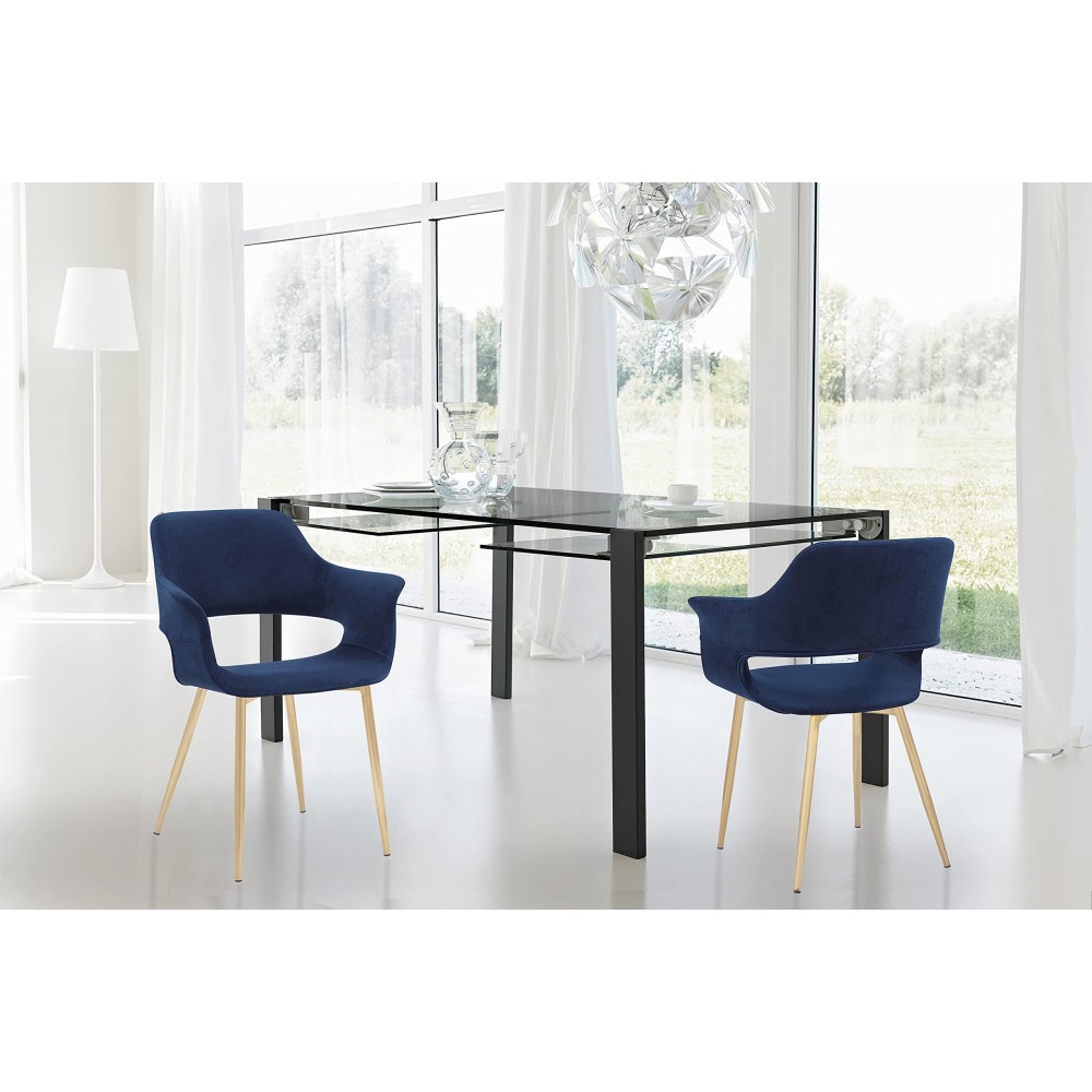 Armen Living Gigi Velvet Dining Room Chair With Metal Legs-Set Of 2, 19 Seat Height, Blue