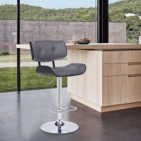 Armen Living Brooklyn Adjustable Height Swivel Grey Faux Leather And Black Wood Bar Stool With Chrome Base