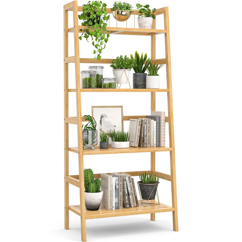 Homykic Ladder Bookshelf, 4-Tier Bamboo Ladder Shelf 49.2? Book Shelf Bookcase Floor Freestanding Bathroom Storage Rack Plant Stand For Small Space, Bedroom, Living Room, Easy To Assemble, Natural