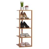 Monibloom 5 Tier Shoe Rack, Bamboo Narrow Single Pairs Shoe Storage Space Saving Ventilated Shoe Organizer For Small Spaces Corner Hallway Entryway, Brown