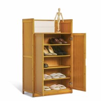 Monibloom 5 Tier Bamboo Shoe Cabinet, Free Standing Shoe Shelf Organizer Storage With Doors & High Baffle For 11-15 Pairs Home Entryway Hallway Office Bedroom, Brown