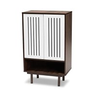 Pemberly Row Mid-Century Modern Two-Tone Wood 2-Door Shoe Cabinet In Walnut And White