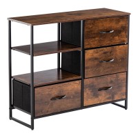 Duhome Rustic Storage Dresser With 4 Drawers, 3 Shelves, Fabric Drawer Dresser For Bedroom Living Room, End Table With Wooden Top And Front, Rustic Brown And Black