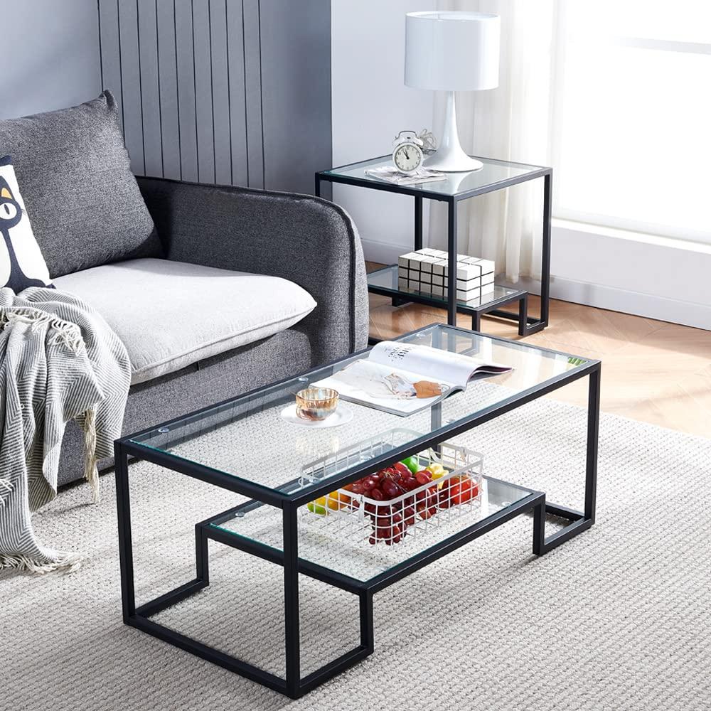 Black Metal Glass Coffee Table - Simple Center Coffee Table For Living Room Home Metal Frame Coffee Table With 2 Shelvesmodern Table For Bedroom Dinning Roomoffice Decor