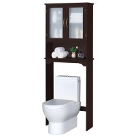 Yaheetech Over The Toilet Storage Cabinet, Free Standing Toilet Rack With Adjustable Shelves And Tempered Glass Doors For Bathroom Washroom, Espresso