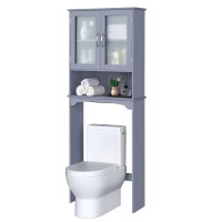 Yaheetech Over The Toilet Storage Cabinet, Free Standing Toilet Rack With Adjustable Shelves And Tempered Glass Doors For Bathroom Washroom, Grey