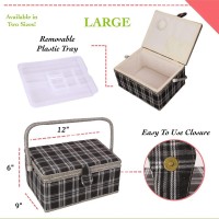 Sewing Basket With Floral Print Design - Sewing Kit Storage Box With Removable Tray, Built-In Pin Cushion And Interior Pocket - By Adolfo Design (Large - 12 X 9 X 6, Black Plaid)