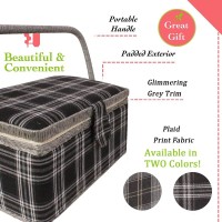Sewing Basket With Floral Print Design - Sewing Kit Storage Box With Removable Tray, Built-In Pin Cushion And Interior Pocket - By Adolfo Design (Large - 12 X 9 X 6, Black Plaid)